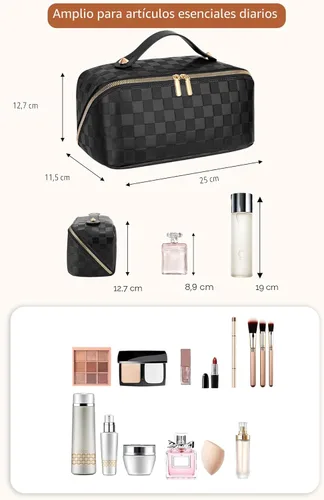 Miniatura 4 de Bolsa de cosméticos de viaje de gran capacidad - Bolsas de maquillaje portátiles para mujeres, impermeable, de cuero PU a cuadros, con organizador