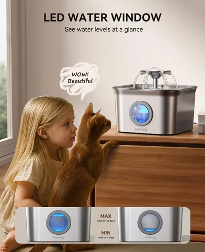 Miniatura 5 de Fuente de agua para gatos de acero inoxidable, 2.8 L con bomba ultra silenciosa de 20 dB, ideal para mascotas tímidas, ventana LED de nivel de agua