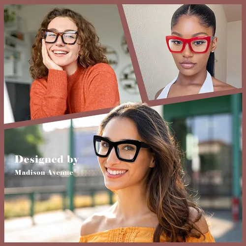 Miniatura 2 de Madison Avenue Paquete de 2 anteojos cuadrados de gran tamaño con bloqueo de luz azul para mujer, anteojos gruesos de ojo de gato, lentes
