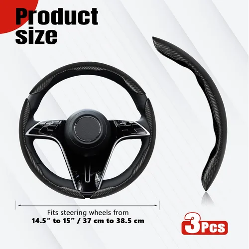 Miniatura 2 de funda segmentada de 3 piezas para volante de automóvil, protector antideslizante de volante de cuero de fibra de carbono, funda antideslizante