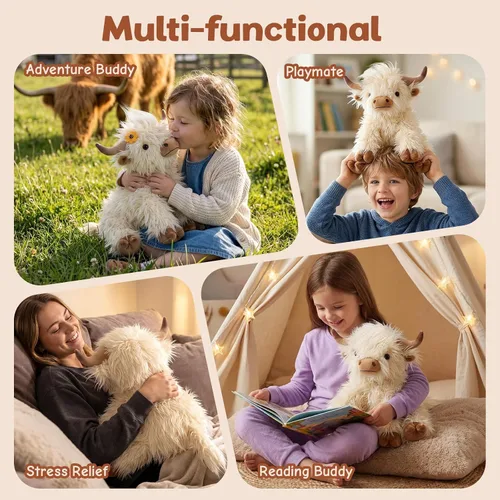 Miniatura 7 de Highland Cow - Animal de peluche para niños, apto para microondas y con peso, juguete de peluche de vaca de las tierras altas con aroma a lavanda