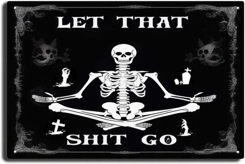 xitangyouyu Divertido letrero gótico negro con diseño de calavera con texto en inglés "Let That Shit Go", letreros metálicos para decoración de baño