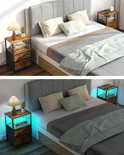 Miniatura 5 de TUTOTAK Mesita de noche LED con estación de carga, mesita de noche grande con puerto USB y Type-C, mesa de noche con cajones de tela, mesa auxiliar