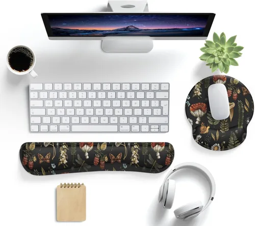 Miniatura 2 de Alfombrilla de ratón con diseño de hongos y plantas, color negro, estética, ergonómica, almohadilla de escritorio con soporte para muñeca, conjunto