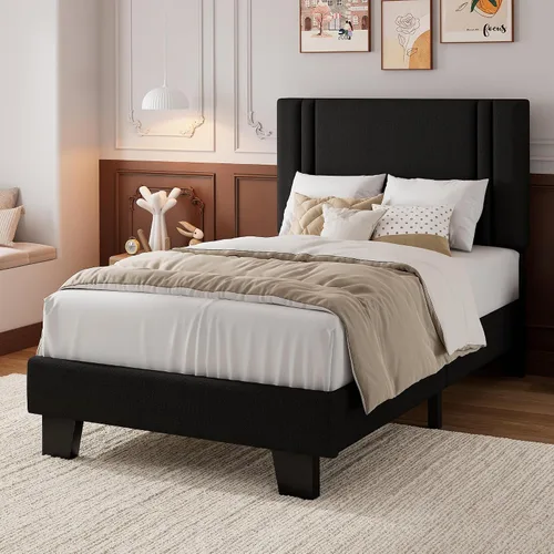Miniatura 3 de iPormis Marco de cama de plataforma twin con cabecera tapizada de tela y patas engrosadas, base de colchón con soporte de listones de madera maciza