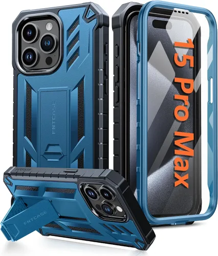Miniatura 9 de FNTCASE Funda para iPhone 15-Pro-Max: Cubierta protectora resistente de grado militar a prueba de caídas para teléfono celular con soporte y Negro