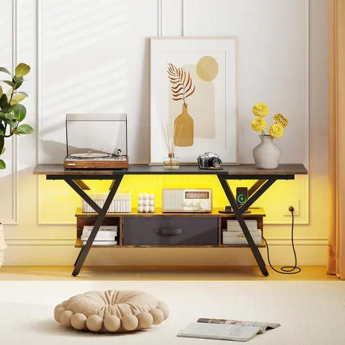 Miniatura 2 de Giantex Soporte de TV con tomas de corriente para TV de 55 a 65 pulgadas, centro de entretenimiento de 3 niveles con luces LED y control remoto