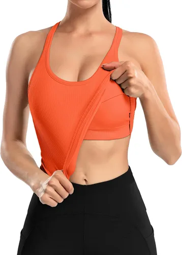 Miniatura 27 de ATTRACO Camiseta corta acanalada de entrenamiento para mujer con brasier integrado para yoga, espalda cruzada, ajuste ajustado
