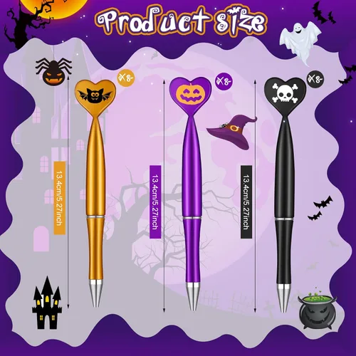 Miniatura 2 de Teling Paquete de 24 bolígrafos de Halloween con forma de calabaza, calavera, murciélago, corazón, 0.039 in, tinta negra, bolígrafos retráctiles