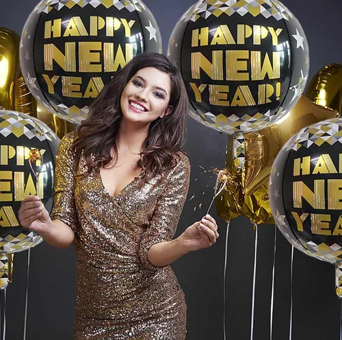 Miniatura 2 de KALOR Globos de papel de aluminio de 22 pulgadas de feliz año nuevo, 10 piezas, globos grandes 4D gigantes redondos de papel de aluminio metálico