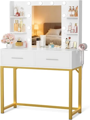 Miniatura 11 de YESHOMY - Escritorio tocador con espejo, mesa de maquillaje con 2 cajones grandes, toma de corriente y soporte redondo, bombilla ajustable de 3