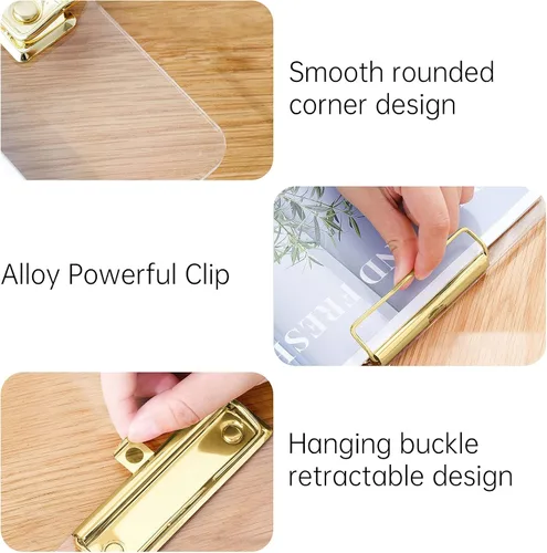 Miniatura 3 de Moocci Portapapeles transparentes de acrílico grueso, bonito portapapeles transparente con clip dorado fuerte agujero oculto para colgar papel A4
