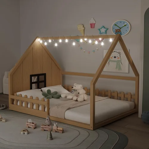Miniatura 10 de Polibi Cama de casa de tamaño completo, marco de cama de piso de madera con ventana y valla para niños, gris