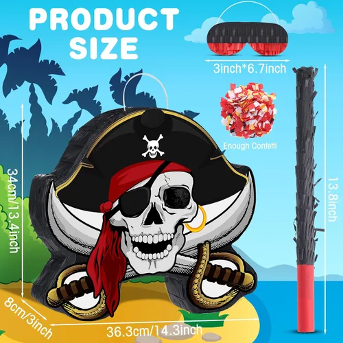 Miniatura 2 de Paquete de piñata pirata, juego de fiesta pirata, incluye máscara de capitán Piñata Bat Stick para fiesta de cumpleaños, aventura náutica