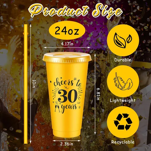 Miniatura 2 de Uiifan 12 vasos de plástico de plástico con tapa y popote de 24 onzas para cumpleaños, cumpleaños, bodas, aniversarios, decoración (30º)