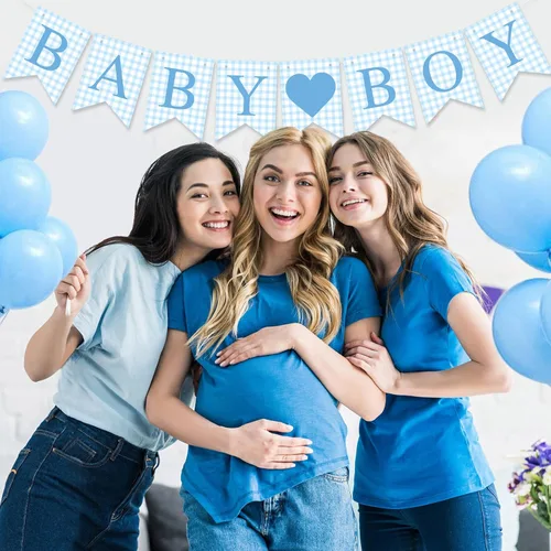 Miniatura 3 de Hahafelt 1 pieza de pancarta azul de gingham para bebé niño para decoraciones de fiesta Azul preencordada Baby shower, es un niño, pancarta de papel