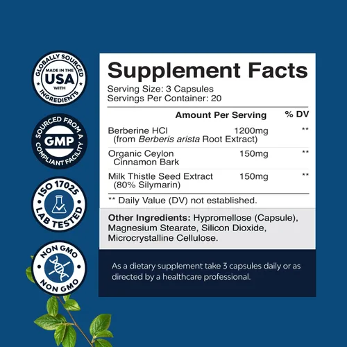 Miniatura 3 de Complejo equilibrado de berberina Plus de 1200 mg, berberina antioxidante con cápsulas de canela de ceilán más extracto de cardo mariano