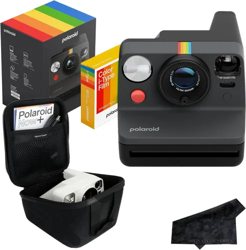 Cámara de película instantánea Polaroid Now de tercera generación tipo i con 16 fotos en color, negra, con paquete de estuche de la serie Signature