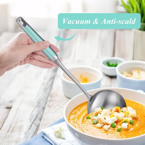 Miniatura 5 de Juego de 2 cucharones de sopa y cuchara ranurada, cucharones de cocina de acero inoxidable 316 de metal para colar alimentos, cucharón de cocina