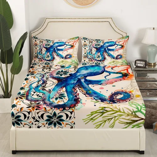 Miniatura 3 de Ocean Kraken - Juego de sábanas bajeras de pulpo para niños, niñas, adolescentes, decoración de habitación, juego de ropa de cama de tentáculos