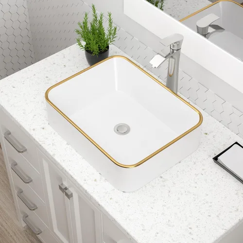 Miniatura 8 de Lavabo Rectangular, Dcolora 19" x 15" Lavabo de Baño de Cerámica Blanca de Porcelana Rectangular Lavabo de Baño Sobre Mostrador Lavamanos de Tocador