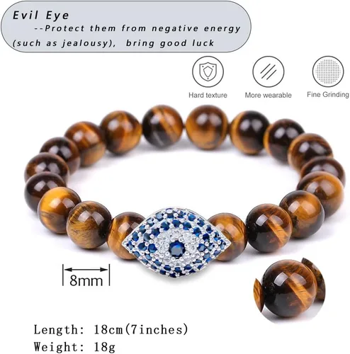 Miniatura 2 de Pulsera contra el mal de ojo para mujer, pulsera elástica con cuentas de ojo de tigre de 0.315 in para protección y bendición