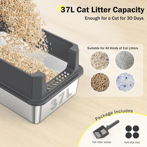 Miniatura 6 de Caja de arena de acero inoxidable, cajas de arena extra grandes para gatos grandes, caja de arena de metal extragrande para gatos con tapa, caja XL