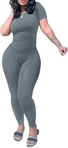 Miniatura 4 de LICOBOD Ropa de descanso acanalada casual 2 piezas conjunto de pantalones cortos para mujer sólido ajustado manga corta cuello redondo top +