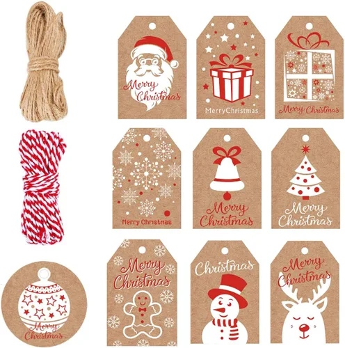 Paquete de 100 etiquetas de regalo de Navidad de papel kraft marrón, etiquetas de regalo de papel kraft marrón Navidad con cordel de yute para