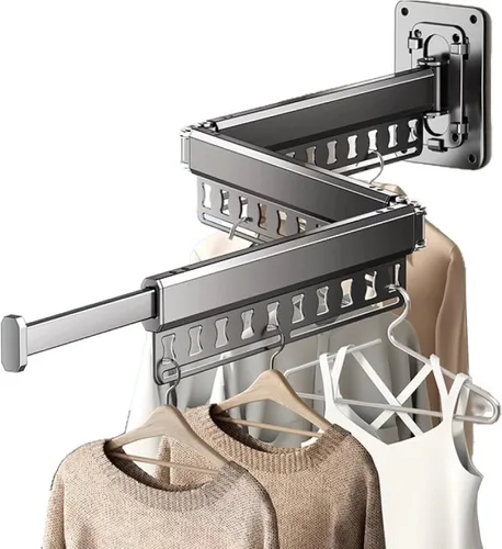 Tendedero de ropa montado en la pared, colgador retráctil de 3 pliegues con agujeros a prueba de viento y diseño desmontable, estante plegable Gris