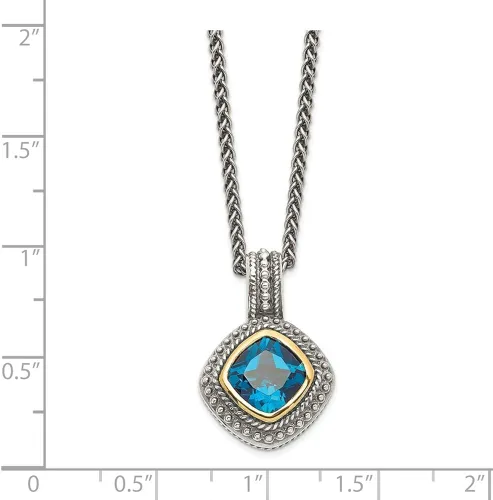Miniatura 2 de Cadena de plata de ley 925 maciza con colgante de topacio azul de Londres de oro amarillo de 14 quilates con cierre seguro de langosta