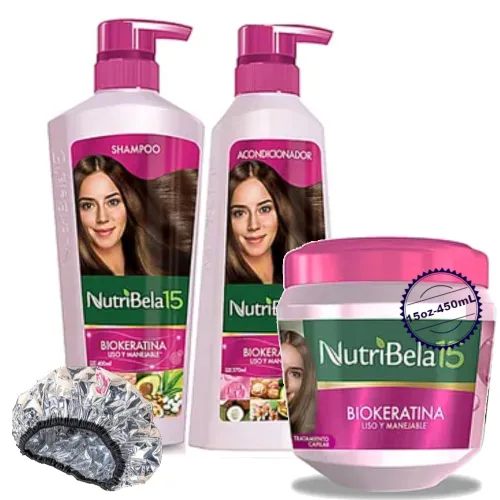 Kit (Champú + Acondicionador + Tratamiento + Tapa de Aluminio) Biokeratin | Set Biokeratina Nutribela15 Colombia (Champu + Acondicionador +