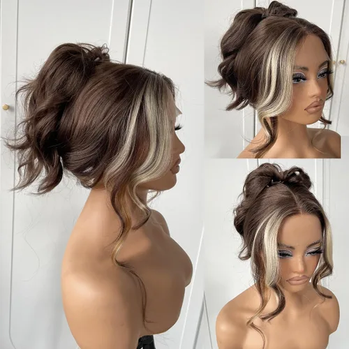 Miniatura 13 de #27 Peluca de encaje frontal rubia miel sin pegamento, onda corporal, pelucas de encaje frontal sintéticas prediseñadas, con línea de cabello #27