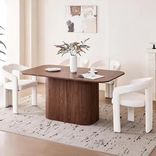Miniatura 20 de Juego de 4 mesas de comedor grandes de 63 pulgadas para 4, esquinas redondeadas, mesa de cocina rectangular moderna de madera con sillas Boucle