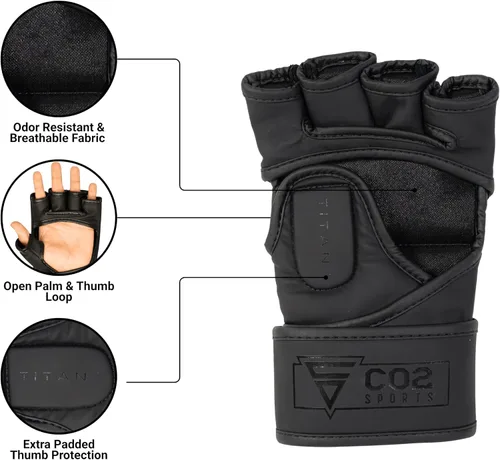 Miniatura 2 de Guantes Titan MMA, diseño híbrido, guantes de entrenamiento de palma abierta para Sparring, Kickboxing, Muay Thai, color negro