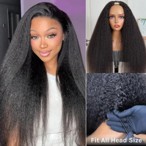 Miniatura 2 de UNICE - Peluca de cabello humano lacio tipo afro con parte en V, sin pegamento, con parte en U mejorada, con pinzas de máquina, sin mechones fuera