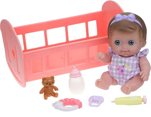 Lil Cutesies - Juego de regalo de muñeca de bebé de vinilo de 9 pulgadas | Posable y lavable | Traje extraíble | Accesorios para cuna mecedora y