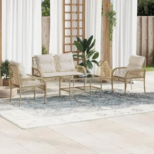 Modern 4-Piece Patio Sofa Set with Beige PE Rattan, Powder-Coated Steel Frame and Tempered Glass Tabletop for Outdoor Seating and Relaxation in