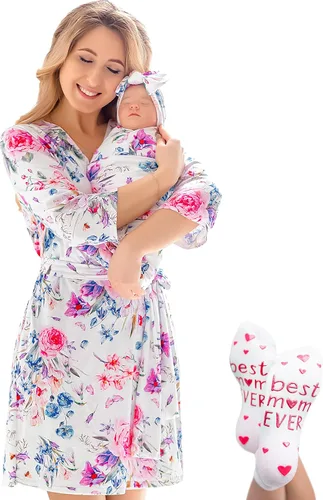 Miniatura 21 de ECO BABY - Conjunto de bata y manta para mamá y yo Bata de maternidad y conjunto de bebé a juego para niña, niño Parto hospitalario y parto