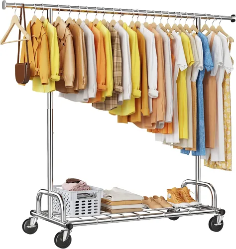 Miniatura 10 de Raybee Perchero de ropa resistente con carga de 500 libras, perchero con ruedas, doble barra para colgar ropa, perchero comercial portátil