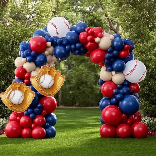 Miniatura 4 de Kit de arco de guirnalda de globos de béisbol, arco de globos azul marino y rojo nude con guante de béisbol, globos de aluminio para niños y niñas