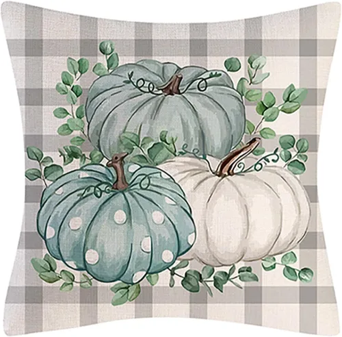 Miniatura 3 de Happy Fall - Funda de almohada decorativa de otoño para interiores y exteriores, funda de cojín de lino con calabaza azul acuarela para sofá, sala