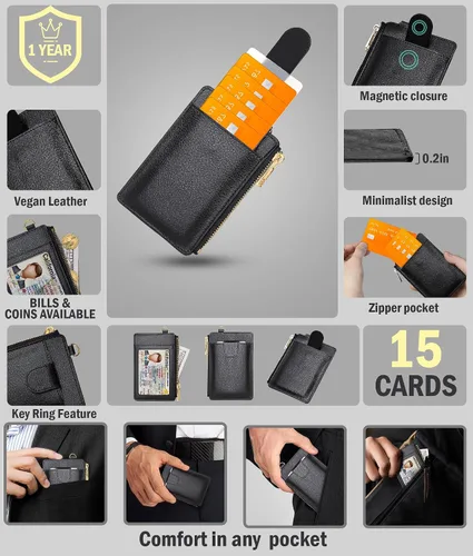 Miniatura 2 de LLi Cufite Tarjetero de cuero con bolsillo para dinero, billetera desplegable con bloqueo RFID, funda delgada para tarjetas bancarias con capacidad