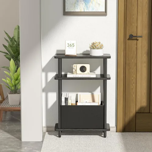 Miniatura 2 de THUMEYE Mesa auxiliar estrecha con cesta de tela, 7 pulgadas de ancho, mesa auxiliar delgada de 3 niveles con patas de madera, mesita de noche