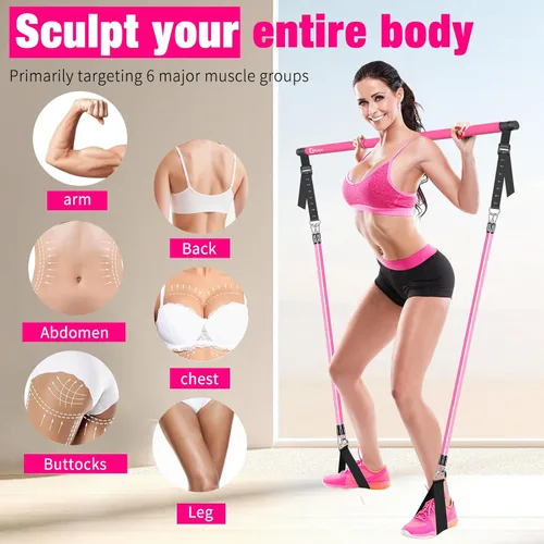 Miniatura 2 de Kit de barra de pilates Bbtops con bandas de resistencia, barra de pilates con bandas apilables, equipo de entrenamiento para piernas, cadera, Rosa