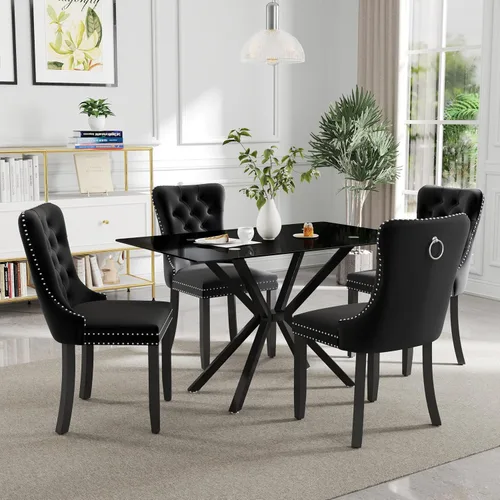 Miniatura 34 de Juego de comedor moderno de cristal de lujo de 5 piezas, juego de comedor rectangular minimalista para 4, juego de mesa de cocina de vidrio