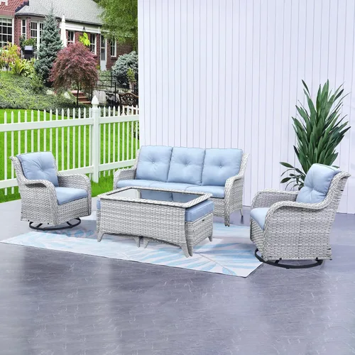 Miniatura 41 de HUMMUH Sillas Mecedoras Giratorias de Mimbre para Patio Exterior con Respaldo Alto, Sillas Deslizantes de Ratán PE, Juego de Muebles de Patio de 4