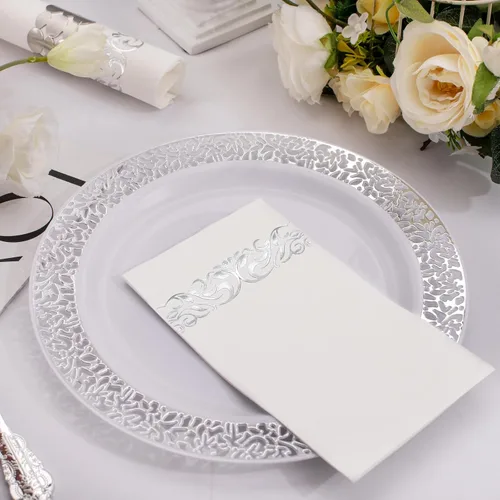 Miniatura 5 de WDF Paquete de 150 servilletas plateadas desechables de papel, servilletas plateadas de 3 capas, servilletas desechables de alta calidad, Blanco