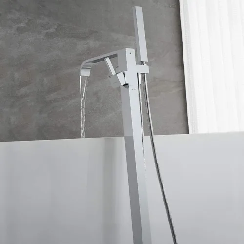 Miniatura 5 de Grifo de bañera independiente Grifos de llenado de bañera Cromo Montaje en piso Latón Manija única con ducha de mano Cromado