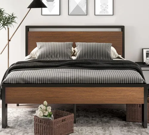 Miniatura 3 de SHA CERLIN Base de cama de plataforma de metal tamaño King de 14 pulgadas con cabecero y piecero de madera, base de colchón, no necesita somier